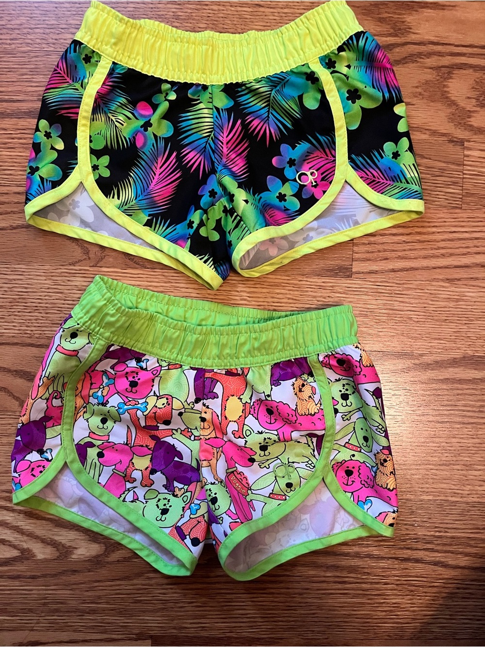OP Girls Neon Tropical & Puppy Print Athletic Shorts - Set of 2